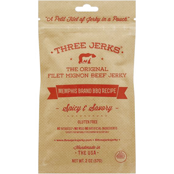 THREE JERKS - THE ORIGINAL FILET MIGNON BEEF JERKY - (Spicy & Savory | Memphis Brand BBQ) - 2oz