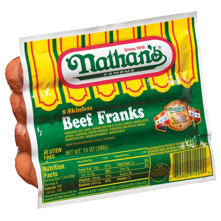 NATHAN'S - 8 SKINLESS BEEF FRANKS - GLUTEN FREE - 14oz