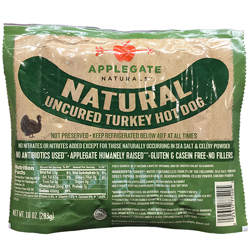 APPLEGATE - NATURAL UNCURED TURKEY HOT DOG -  - GLUTEN FREE - 10oz