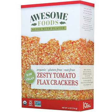AWESOME FOODS - ORGANIC ZESTY TOMATO FLAX CRACKERS - NON GMO - GLUTEN FREE - VEGAN - 4oz