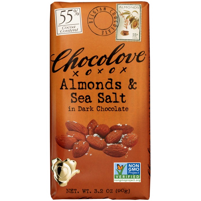 CHOCOLOVE XOXOX - DARK CHOCOLATE - NON GMO - 55% Almonds & Sea Salt - 3.2oz