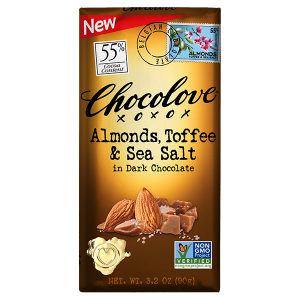 CHOCOLOVE XOXOX - DARK CHOCOLATE - NON GMO - 55% Almonds Toffee & Sea Salt - 3.2oz