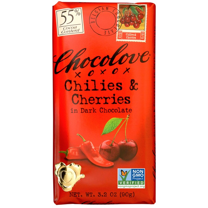 CHOCOLOVE XOXOX - DARK CHOCOLATE - NON GMO - 55% Chilies & Cherries - 3.2oz