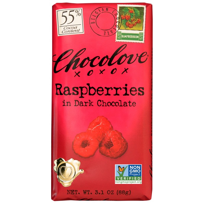 CHOCOLOVE XOXOX - DARK CHOCOLATE - NON GMO - 55% Raspberries - 3.2oz