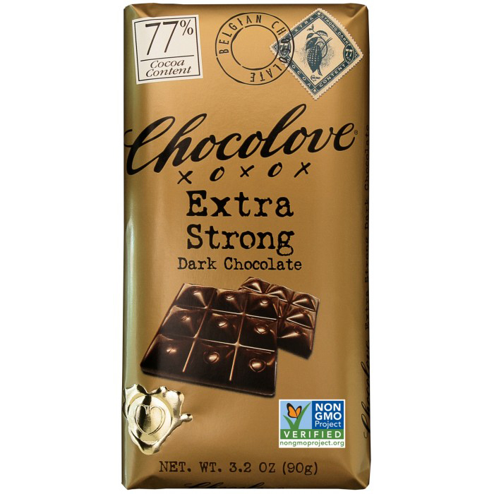 CHOCOLOVE XOXOX - DARK CHOCOLATE - NON GMO - 77% Extra Strong Dark Chocolate - 3.2oz