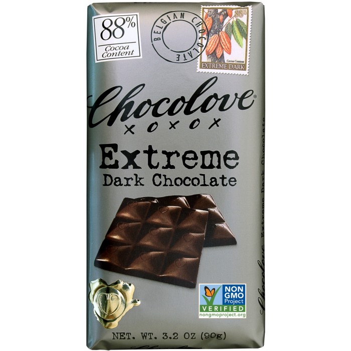 CHOCOLOVE XOXOX - DARK CHOCOLATE - NON GMO - 88% Extreme Dark Chocolate - 3.2oz