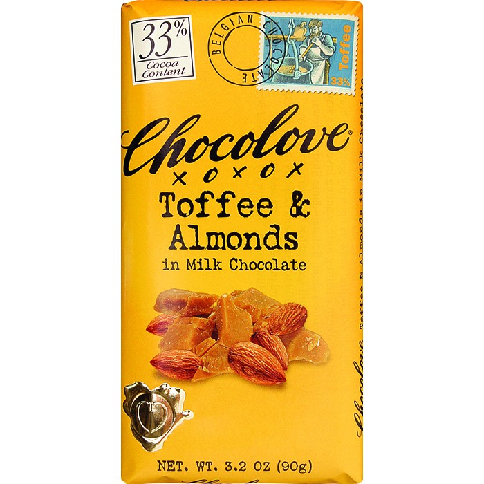CHOCOLOVE XOXOX - MILK CHOCOLATE - 33% Toffee & Almonds - 3.2oz