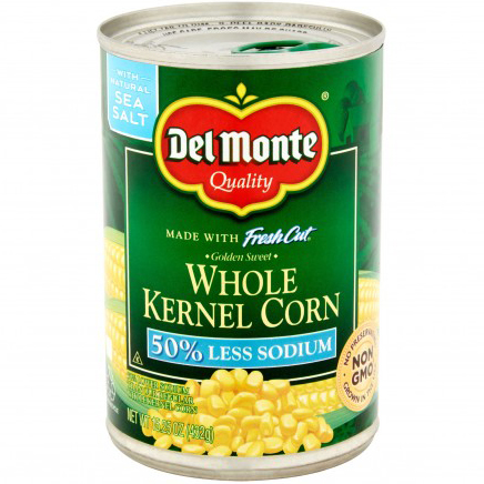 DEL MONTE - FRESH CUT WHOLE KERNEL CORN - NON GMO - (50% Less Sodium) - 15.25oz