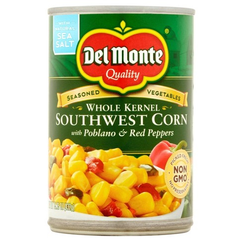 DEL MONTE - WHOLE KERNEL SOUTHWEST CORN /W POBLANO & RED PEPPERS - NON GMO - (No Salted) - 14.5oz