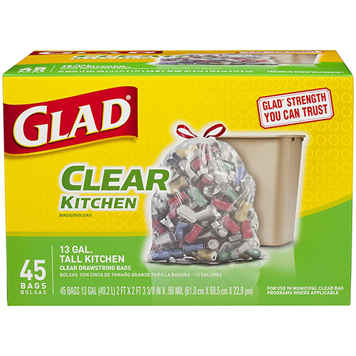 GLAD - CLEAR KITCHEN 13 GAL TALL KITCHEN (Clear Drawstring Bag) - 45 BAGS