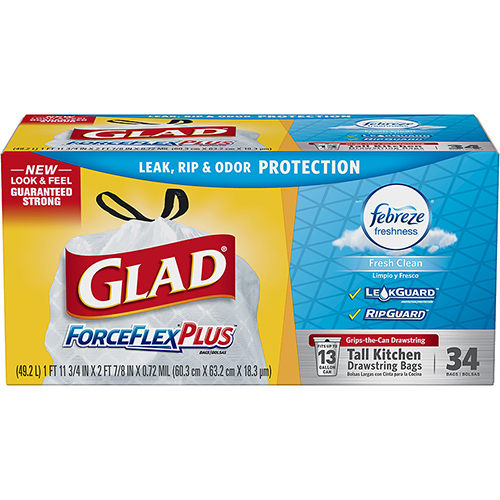 GLAD - FORCEFLEX PLUS 13 GAL TALL KITCHEN (Febrize | Fresh Clean) - 34 BAGS