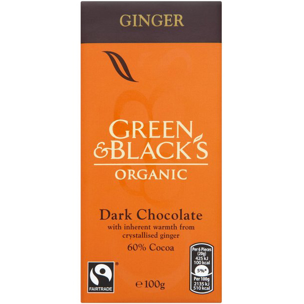 GREEN & BLACK'S - ORGANIC DARK CHOCOLATE - 60% Cacao /w Crystallized Ginger - 3.5oz