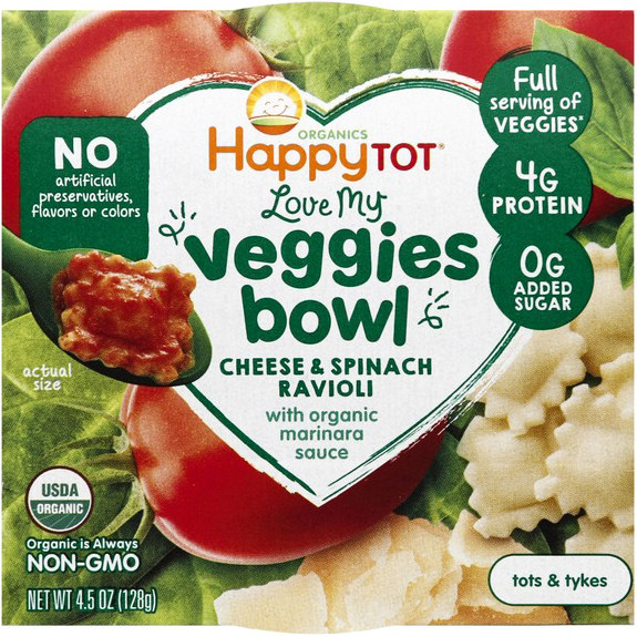 HAPPY TOT - LOVE MY VEGGIES BOWL - NON GMO - (Chesse & Spinach Ravioli /w Marinara Sauce) - 4.5oz