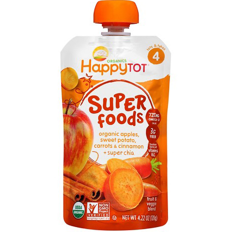 HAPPY TOT - SUPER FOODS - NON GMO - (Organic Apple, Sweet Potato, Carrot & Cinnamon + Chia) - 4.22oz