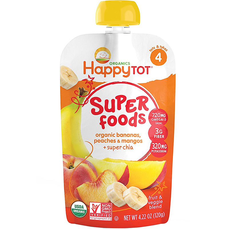 HAPPY TOT - SUPER FOODS - NON GMO - (Organic Bananas, Peaches & Mangos + Chia) - 4.22oz