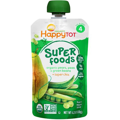 HAPPY TOT - SUPER FOODS - NON GMO - (Organic Pears, Green Beans & Peas + Chia) - 4.22oz