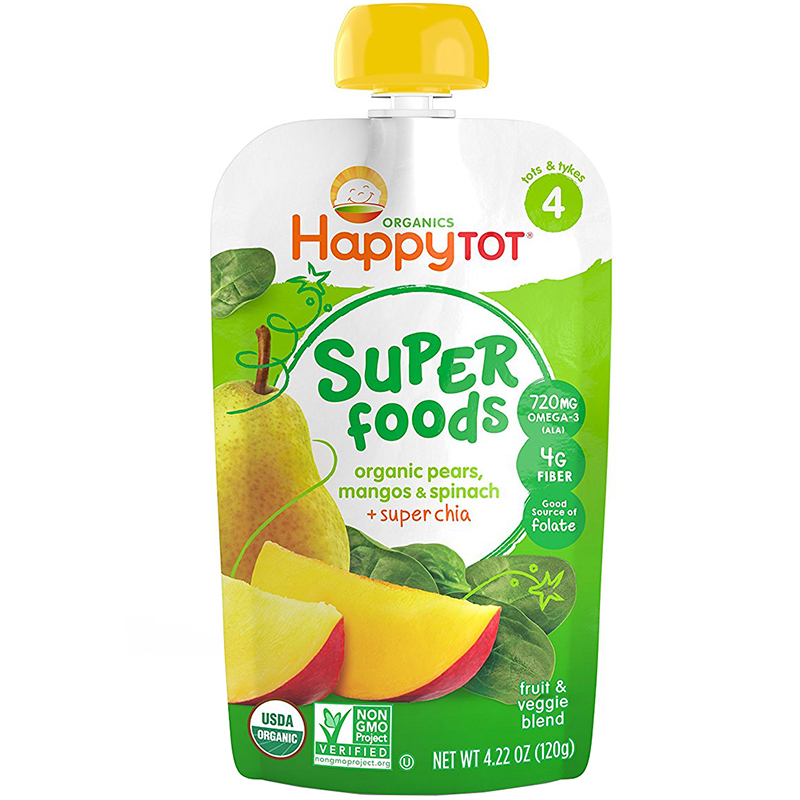 HAPPY TOT - SUPER FOODS - NON GMO - (Organic Pears, Mangos & Spinach + Chia) - 4.22oz