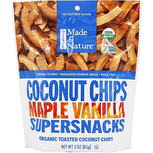 MADE IN NATURE - SUPERSNACKS - NON GMO - (Coconut Chips Maple Vanilla) - 3oz