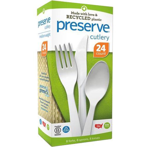 PRESERVE - RECYCLED PLASTIC CUTLERY (8 FORKS, 8 SPOONS, 8 KNIVES) - 24counts