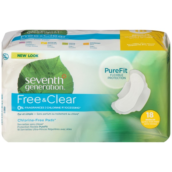 SEVENTH GENERATION - FREE & CLEAR CHLORINE FREE PADS - (Regular Ultra-Thin Pads /w Wings) - 18pads