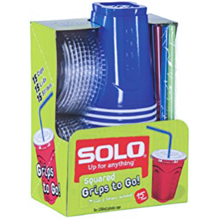 SOLO - 9oz SQUARED "GRIPS TO GO!" PLASTIC CUPS - (Blue) - 15 CUPS