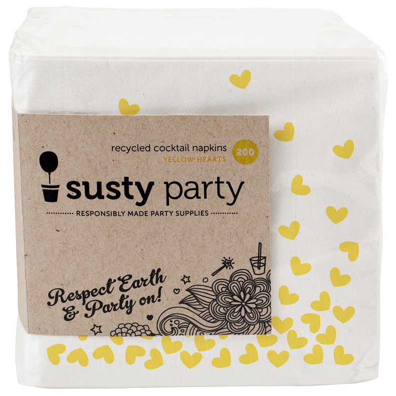 SUSTY PARTY - RECYCLED COCKTAIL NAPKINS - (Yellow Hearts) - 200counts