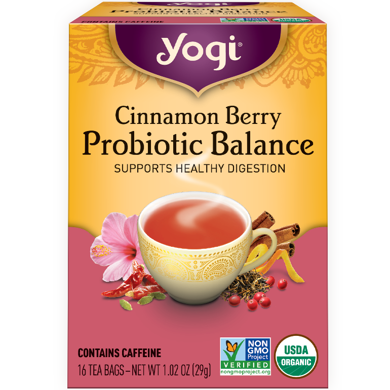 YOGI - HERBAL TEA CAFFEINE FREE - NON GMO - (Cinnamon Berry | Probiotic Balance) - 16 Tea Bags