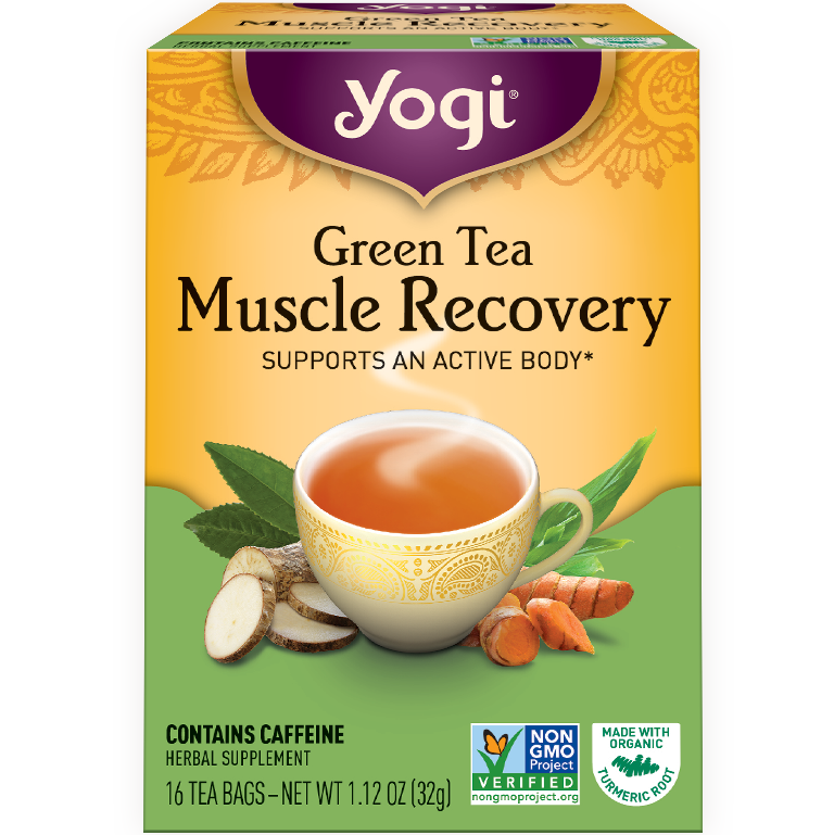 YOGI - HERBAL TEA CAFFEINE FREE - NON GMO - VEGAN - (Green Tea | Muscle Recovery) - 16 Tea Bags